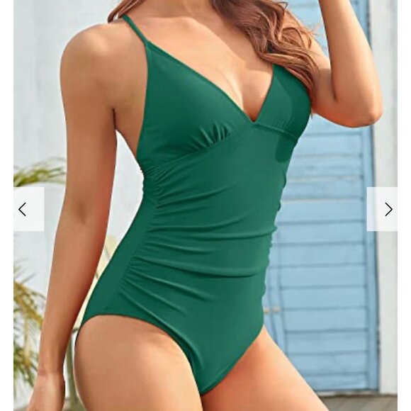 Tempt Me 1 Piece Swimsuit V Neck Cross-Back Straps Tummy Control  Womens XL Gree - Picture 4 of 7